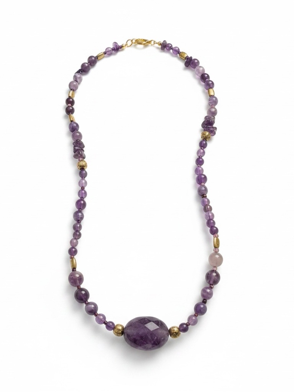 Handmade Genuine Amethyst Bead Necklace Large Amethyst Focal Bead Gold Accents